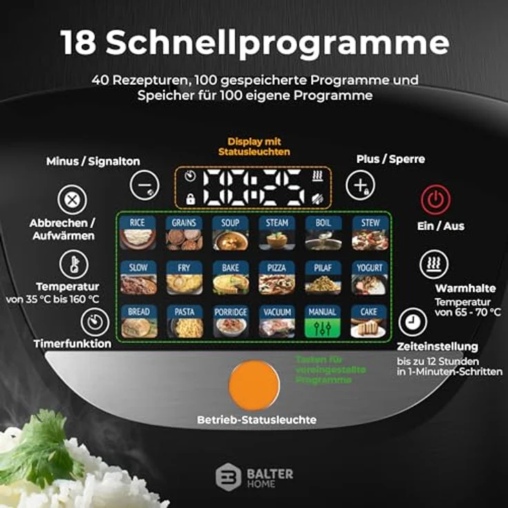 Balter MK-01, Reiskocher Multikocher mit 18 Programmen, 4L, Fuzzy-Logic, Dampfgarer & Slow Cooker, inkl. Premium Topf, Zubehör & Rezeptbuch – Bild 4