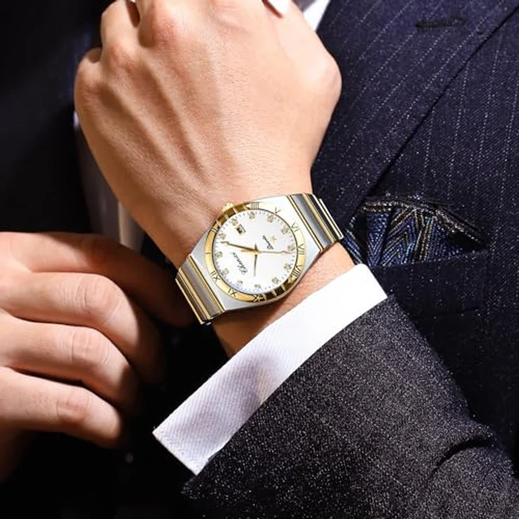 JewelryWe Paar Uhren Leuchtende Partneruhr, 30m Wasserdicht, Kalender Analog Quarz, Edelstahl Band, Weiße Zifferblätter mit Römischen Ziffern und Strassskala, 2er Set – Bild 5