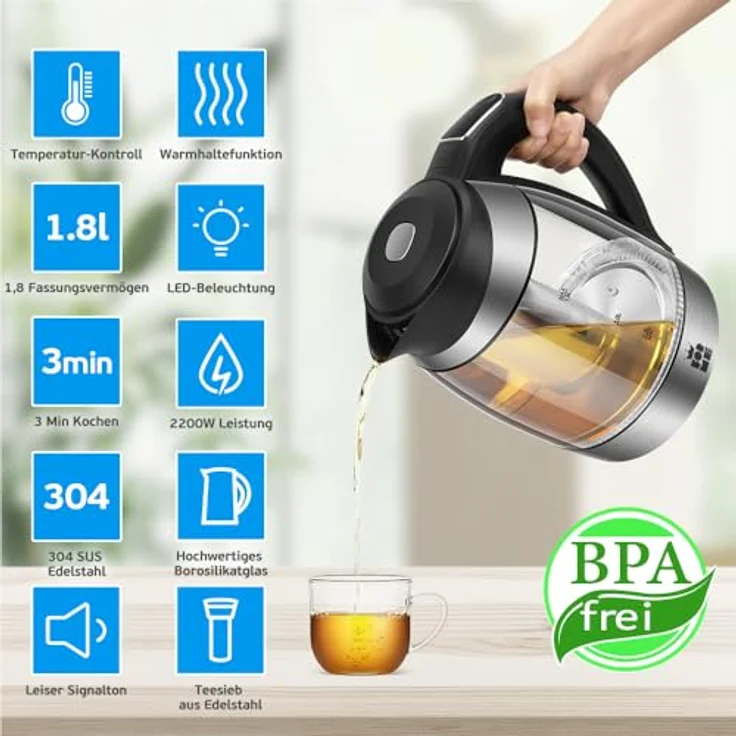 ForMe FKG-418 Glas-Wasserkocher, 2200W, 1,8 Liter, Warmhaltefunktion, LED, Temperatur einstellbar, transparent, silber, schwarz – Bild 5