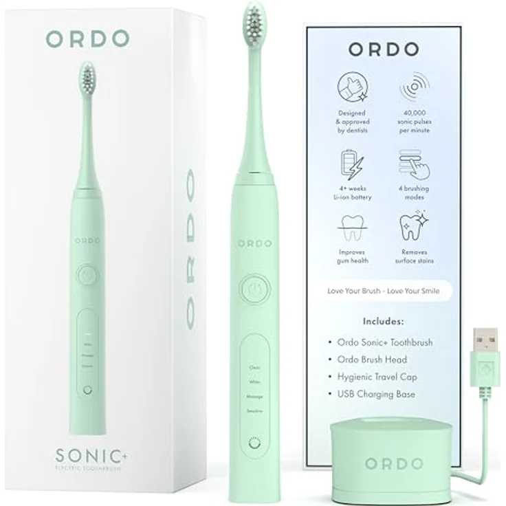 Ordo Sonic+ Elektrische Zahnbürste Advanced Smart Tech, 4 Putzmodi, wiederaufladbarer Akku, Silikon-Polierelement, USB-Ladegerät für Erwachsene, Mintgrün – Bild 1
