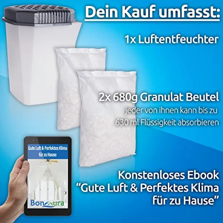 Bestlivings Luftentfeuchter Entfeuchter mit Ausgießer, für 55 m³ Räume, Tank 0,50 l, Raumentfeuchter inkl. 2x 680gr Granulat - Entfeuchter Raum – Bild 2