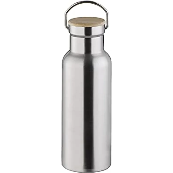APS Hochwertige langlebige Edelstahl Isolierflasche/ Trinkflasche mit 500 ml inkl. Tragebügel und Ersatzdichtung/ auslaufsichere doppelwandige Getränkeflasche für Kinder, Freizeit & Erwachsene, Silber