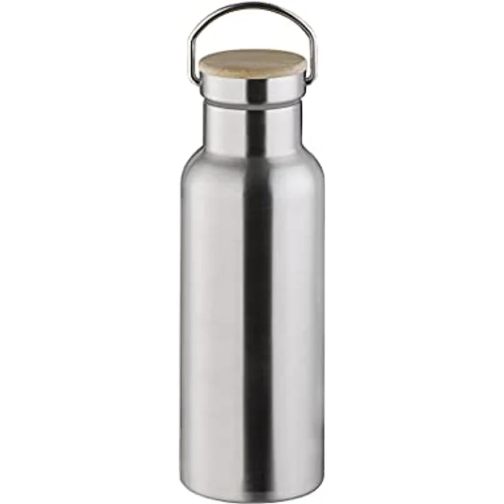 APS Hochwertige langlebige Edelstahl Isolierflasche/ Trinkflasche mit 500 ml inkl. Tragebügel und Ersatzdichtung/ auslaufsichere doppelwandige Getränkeflasche für Kinder, Freizeit & Erwachsene, Silber – Bild 1