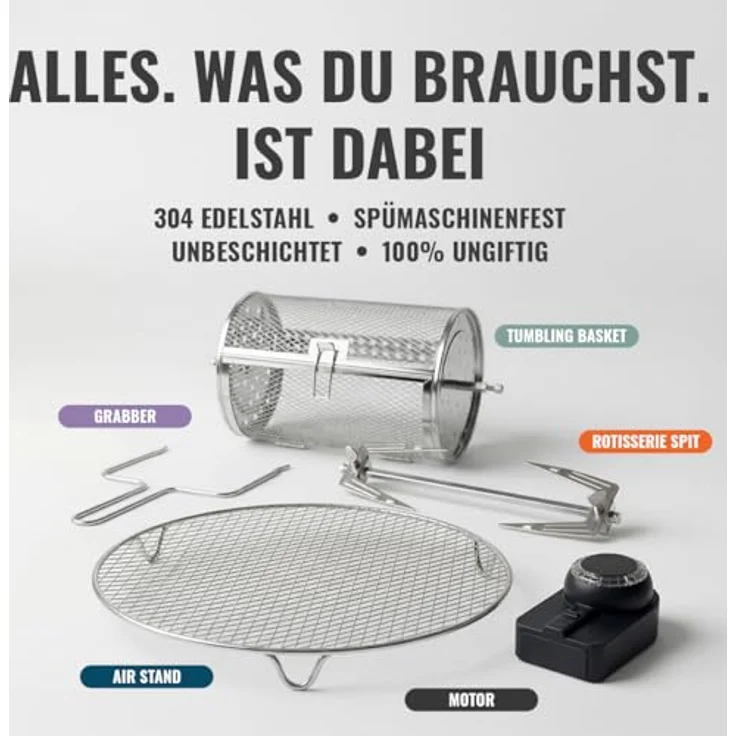 Fritaire Carbon8, Heißluftfritteuse mit selbstreinigender Glasschüssel und 6 One-Touch-Kochfunktionen, inklusive Drehspieß und Zubehör – Bild 7