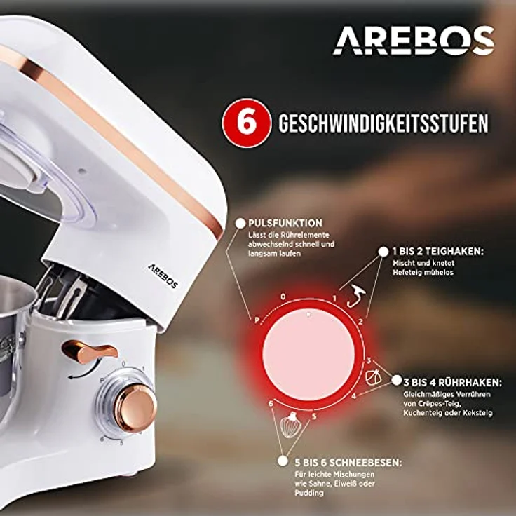 Arebos Küchenmaschine mit Planetenrührsystem, 1500W, 6L Edelstahl-Rührschüssel, 6 Geschwindigkeiten, geräuschlos, weiß – Bild 2