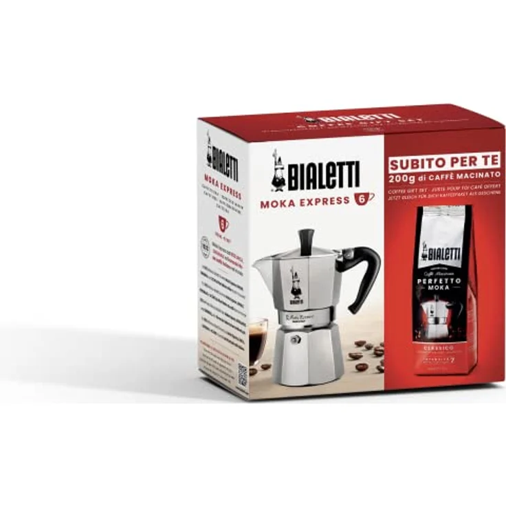Bialetti Espressokocher Moka Express für 6 Tassen, plus 250 g Perfekt , nicht induktionsfähig, (250 ml), Aluminium – Bild 1