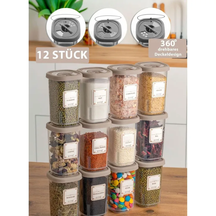 Jungengel Gewürzbehälter Set 12x Stück mit Gewürzmühle und Deckel, Vorratsdose Aufbewahrung, BPA-Freier Kunststoff, (12-tlg), Anthrazit / Cappuccino / Transparent, spülmaschinenfest