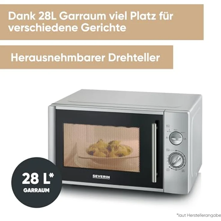 Severin MW7772 Mikrowelle, 28 Liter Garraum, 900 Watt, Standgerät, 35 Minuten Timer mit Signalton, Auftauen, inkl. Drehteller, silber – Bild 2