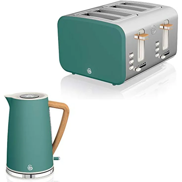 Swan Nordic Set Desayuno Kabelloser Wasserkocher, 1,7 l, 2200 W, Brot-Toaster mit breitem Schlitz, 4 Scheiben, 3 Funktionen, modernes Design, Holzeffekt, Grün