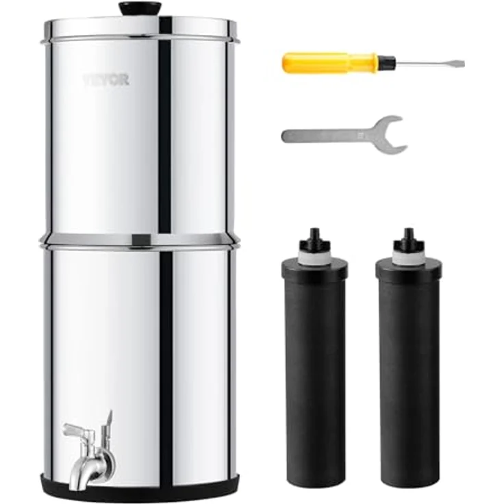 VEVOR Schwerkraft Wasserfiltersystem, Edelstahl 7 L + 8,5 L, reduziert Blei und bis zu 99 % Chlor, mit 2 Kohlefiltern und Zapfhahn – Bild 1
