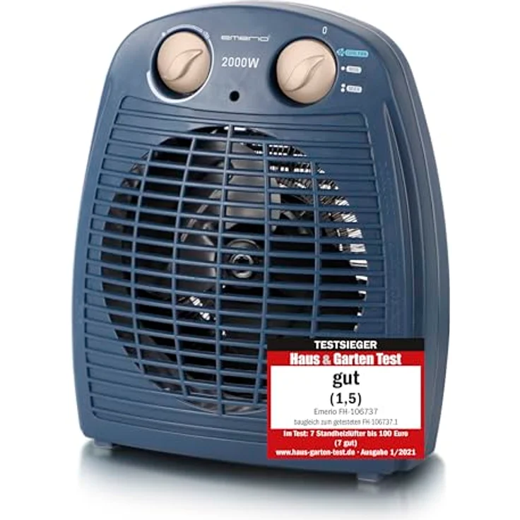 Emerio Heizlüfter FH-106737.12, 2000W Heizgerät für Räume bis 25 m², 2 Heizstufen, Ventilationsfunktion, einstellbarer Thermostat, Sicherheits-Kippschutz, Blau – Bild 1