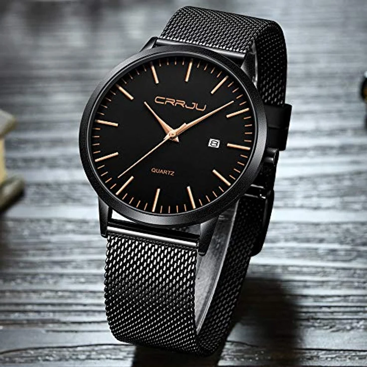CRRJU Ultra Dünne Herren Armbanduhr, Wasserdicht mit Schwarz Edelstahlband und Roségoldenen Akzenten, Analog Quarz Business Uhr – Bild 5