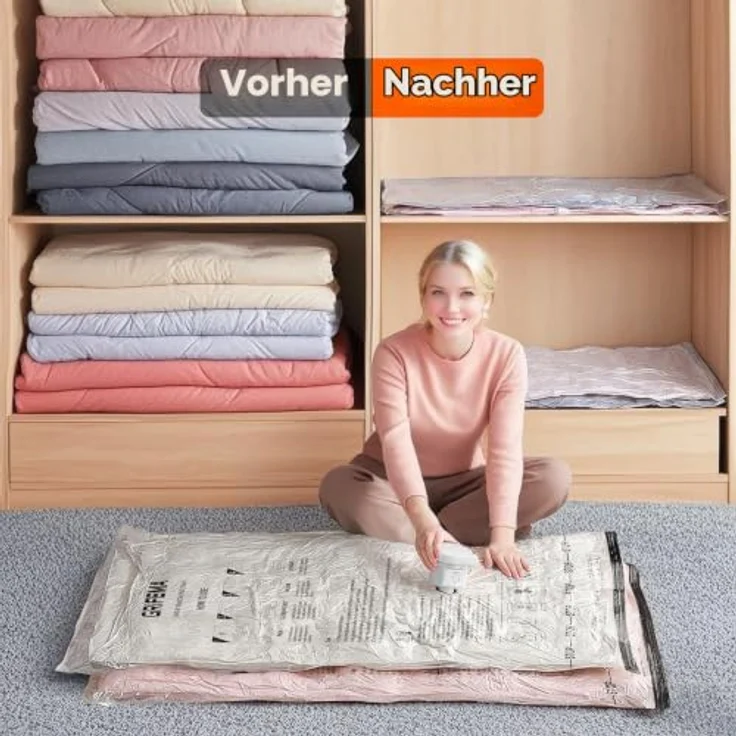GRIFEMA GH83 Vakuumbeutel Set, 12 Stück in 4 Größen (Small bis Extra Large) inkl. Handpumpe, feuchtigkeitsbeständig und platzsparend für Textilien – Bild 3