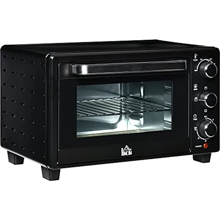 HOMCOM Minibackofen 21L mit 1 Drahtgestell und 1 Backblech 3 Kochmodi 100 °C-230 °C einstellbare Temperatur Miniofen 1400W Pizzaofen mit Grillrost Edelstahl Glas Schwarz+Silber