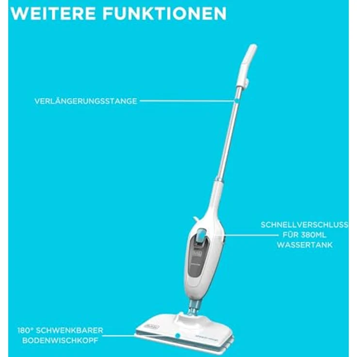 Black + Decker FSM13E1 Dampfbesen Steam Mop, Basic (Dampfreiniger für hygienische, gründliche Sauberkeit, abnehmbarer Stiel, einfache Bedienbarkeit, inkl. 1 Mikrofaser-Pad), 1300 W – Bild 7