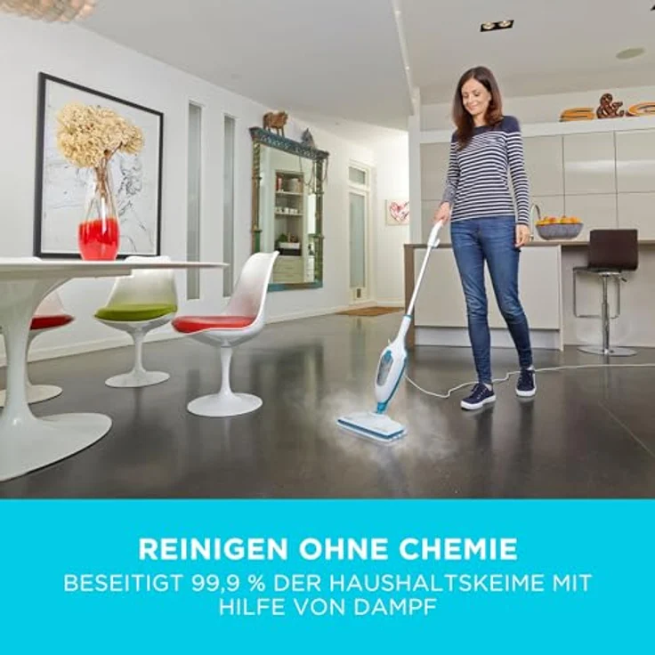 Black + Decker FSM13E1 Dampfbesen Steam Mop, Basic (Dampfreiniger für hygienische, gründliche Sauberkeit, abnehmbarer Stiel, einfache Bedienbarkeit, inkl. 1 Mikrofaser-Pad), 1300 W – Bild 3
