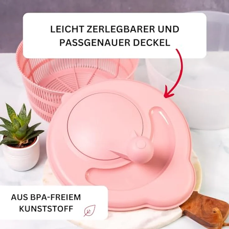 Westmark Fortuna Salatschleuder, 5 Liter, BPA-frei, transparent/rosa, ergonomischer Drehknauf, made in Germany – Bild 3
