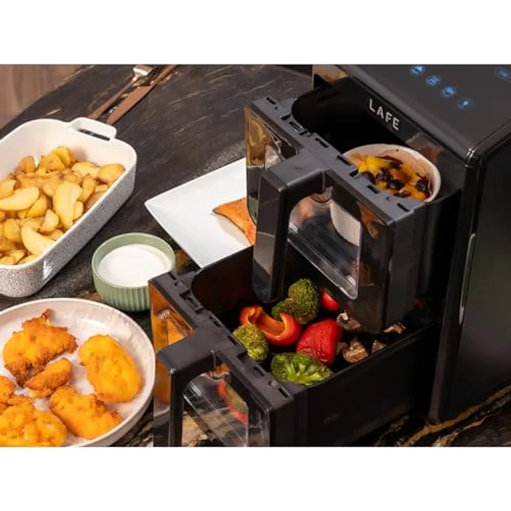 Lafe Dual Fry 10 l, Ölfreie Heißluftfritteuse mit zwei Kammern, 2460 W, LCD-Display, Temperatur 40–200 °C, Timer 60 min, Sichtfenster, gesundes Garen – Bild 3