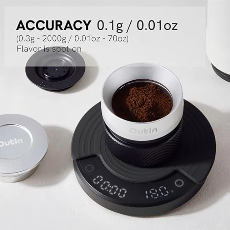 OutIn Claro Tragbare Kaffeewaage mit Timer, Digitale Espresso Waage 2kg/0,1g für Pour Over & Kaffeezubereitung, Inklusive Schutztasche, Wiederaufladbare Küchenwaage mit präzisem Wiegen – Bild 3