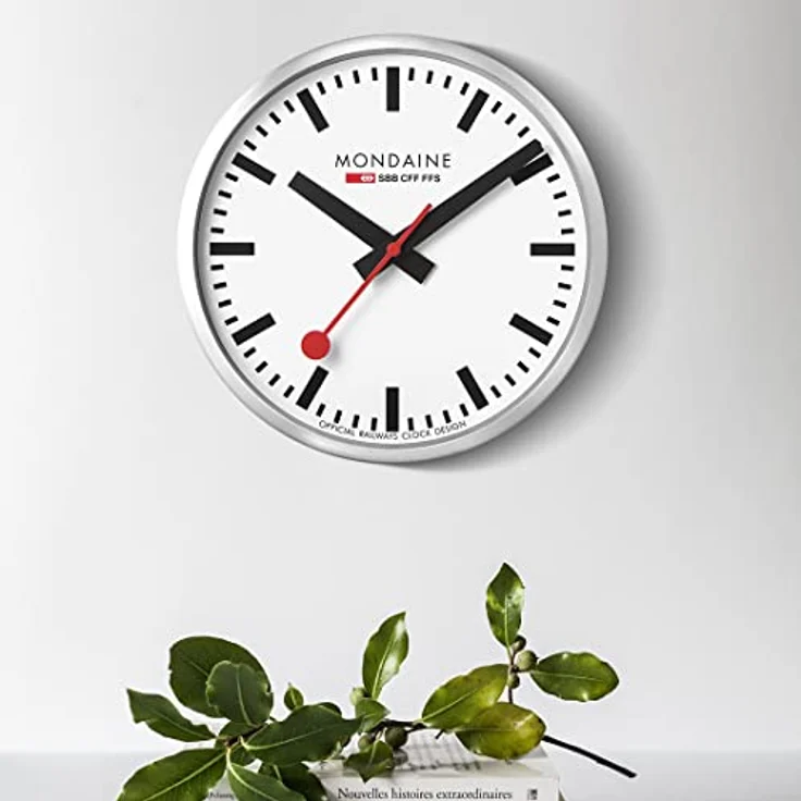 Mondaine Wanduhr A990.Clock.16SBB 25cm - Bahnhofsuhr in Silber aus gebürstetem Aluminium mit rotem Sekundenzeiger staubbeständig – Bild 5