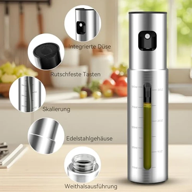 KitchenBoss Ölsprüher Edelstahl, 100ml für Heißluftfritteuse, inkl. Reinigungsbürste und Ölbürste, ideal für Salat, Grillen und Backen – Bild 4