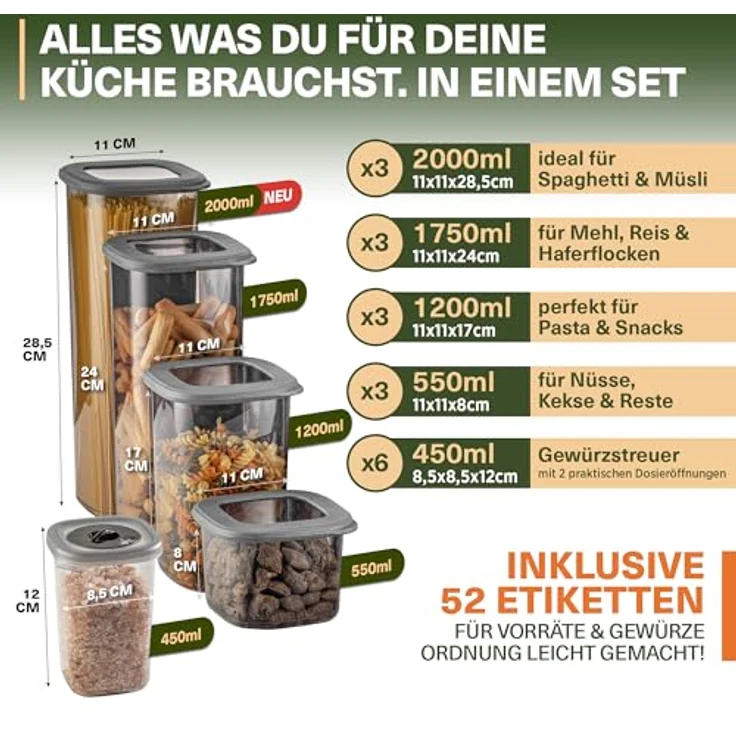 VIWARES Vorratsdosen Set 18-teilig, inkl. 2,0L Spaghetti Box & 6 Gewürzdosen mit Dosierdeckel, luftdicht, BPA-frei, stapelbar, 52 Etiketten – Bild 2