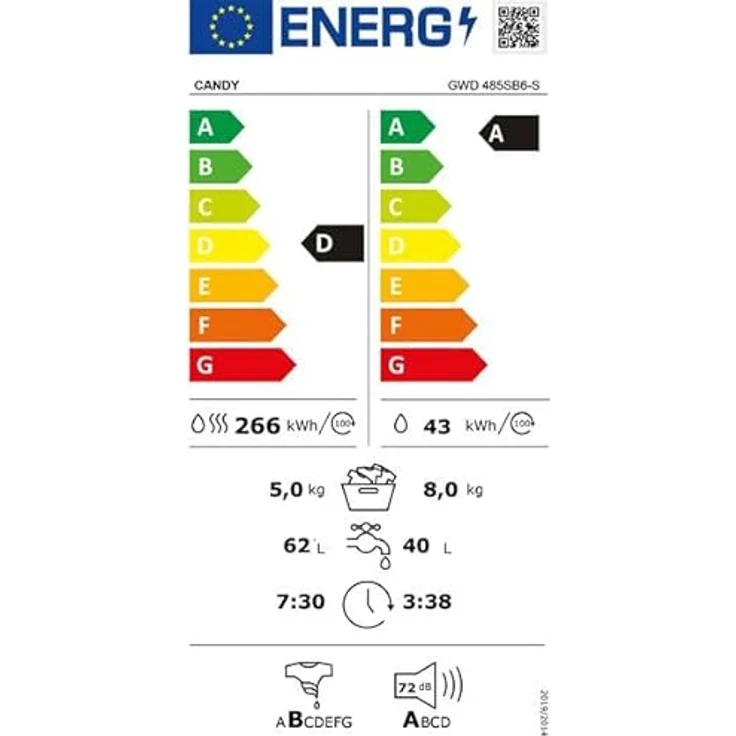 Candy GWD 485SB6-S Waschtrockner, Freistehend, Frontlader, Weiß, 5 kg Waschkapazität, Energieeffizienzklasse A, 1400 U/min, viele Programme – Bild 4