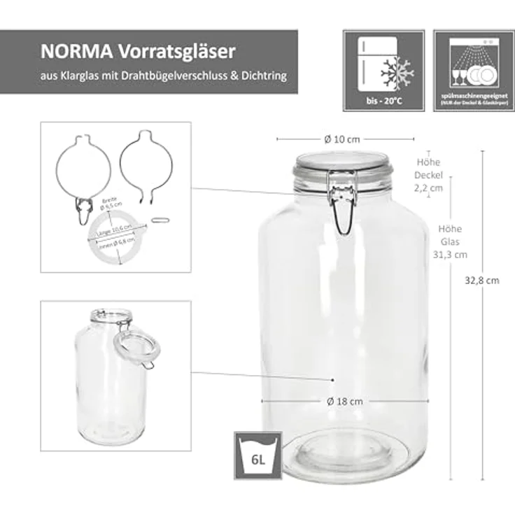 MamboCat 2x NORMA Vorratsglas 6L, luftdichtes Einmachglas aus Glas mit Bügelverschluss, spülmaschinengeeignet, transparent – Bild 6