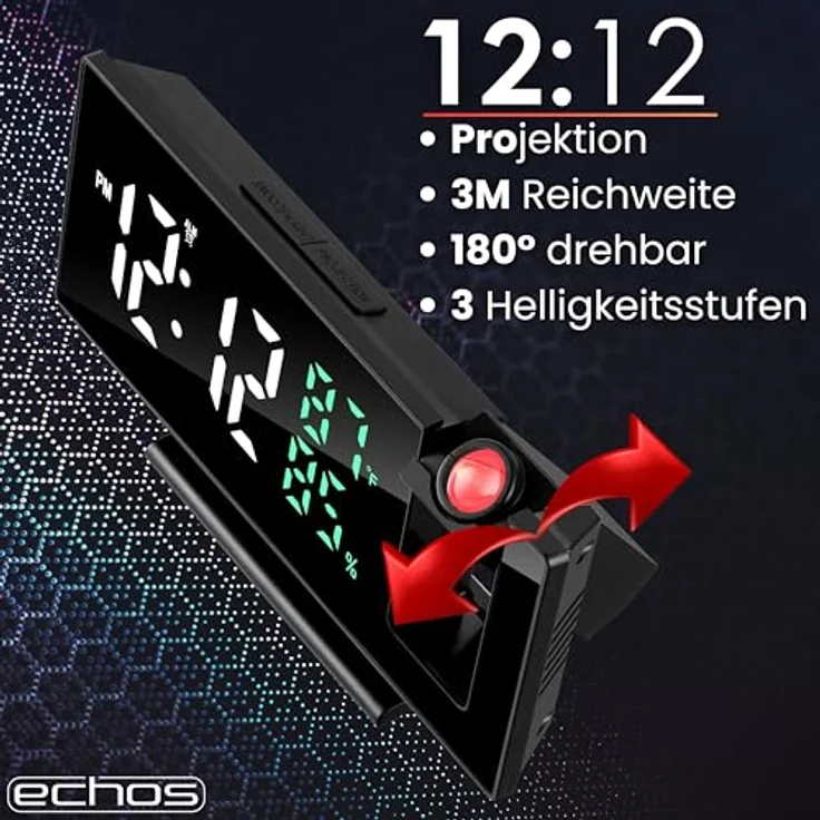 echos Projektionswecker Eco-4600, Großes LED-Display mit 3m Projektion, Temperatur- und Luftfeuchtigkeitsanzeige, schwarz – Bild 5