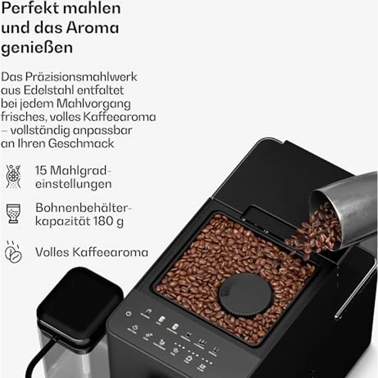 Klarstein Kaffeevollautomat Velaire, 20 Bar, Edelstahlmahlwerk 15 Stufen, LED Touchscreen, 0,75 l Milchsystem, 1,5 l Wassertank, Selbstreinigung, Vollautomat – Bild 5