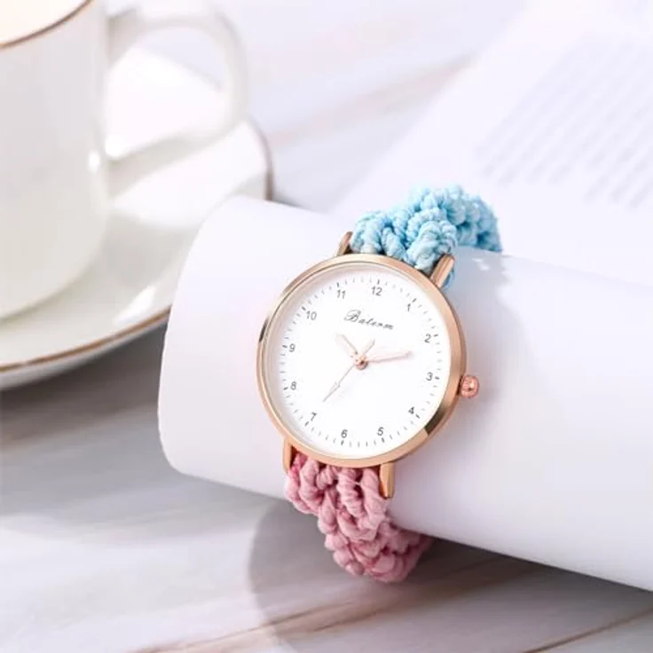 JewelryWe Damenuhr mit Blau Pink Geflochtenem Haarband, Analog Quarz Armbanduhr mit Elastischem Wickelarmband für Frauen und Mädchen – Bild 2