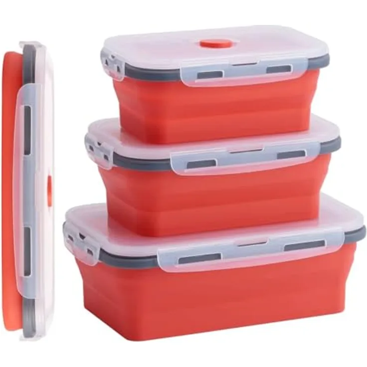 König Design Faltbare Frischhalteboxen 4 Stück - Auslaufsicher, zusammenklappbar, BPA-frei (Rot)
