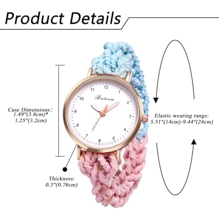 JewelryWe Damenuhr mit Blau Pink Geflochtenem Haarband, Analog Quarz Armbanduhr mit Elastischem Wickelarmband für Frauen und Mädchen – Bild 4