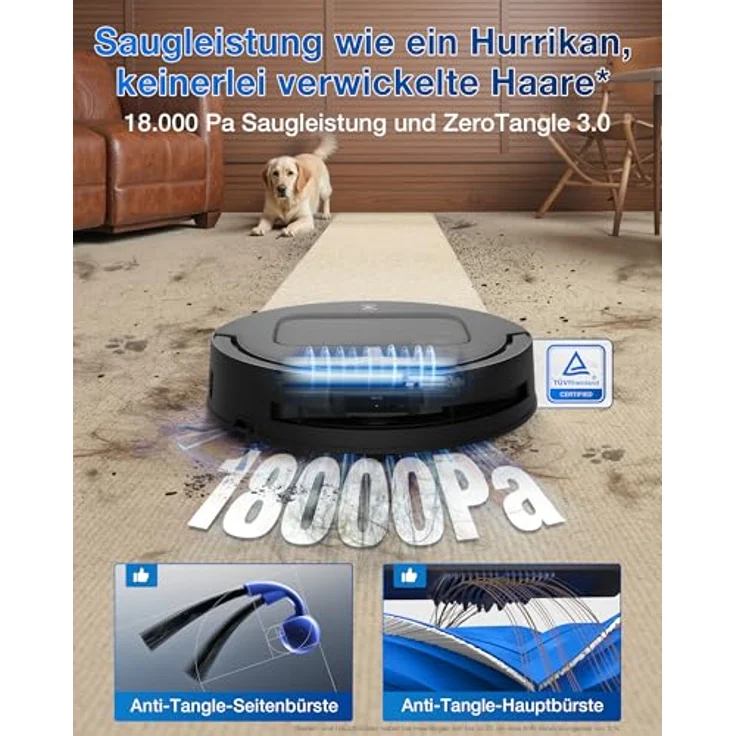 ECOVACS DEEBOT T80 Omni Saugroboter mit Wischfunktion, 18.000 Pa, OZMO Roller Wischwalze mit kontinuierlicher Frischwasser-Selbstreinigung, ZeroTangle 3.0,Moppwäsche mit 40-75℃ heißem Wasser, Schwarz – Bild 3
