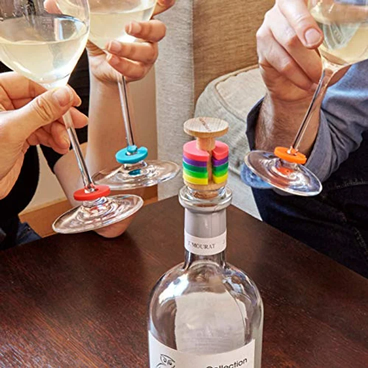 Kikkerland Rainbow Wine Rings + Stopper (BA91) - 8er Set Glasmarkierer in Regenbogenfarben, spülmaschinengeeignet – Bild 2
