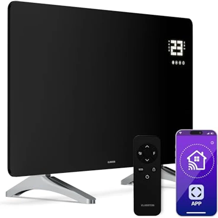 Klarstein Infrarotheizung 480W, Wandmontage & Standgerät mit Thermostat, App-Steuerung, IP43, Glas-Design, Überhitzungsschutz, Schwarz – Bild 1