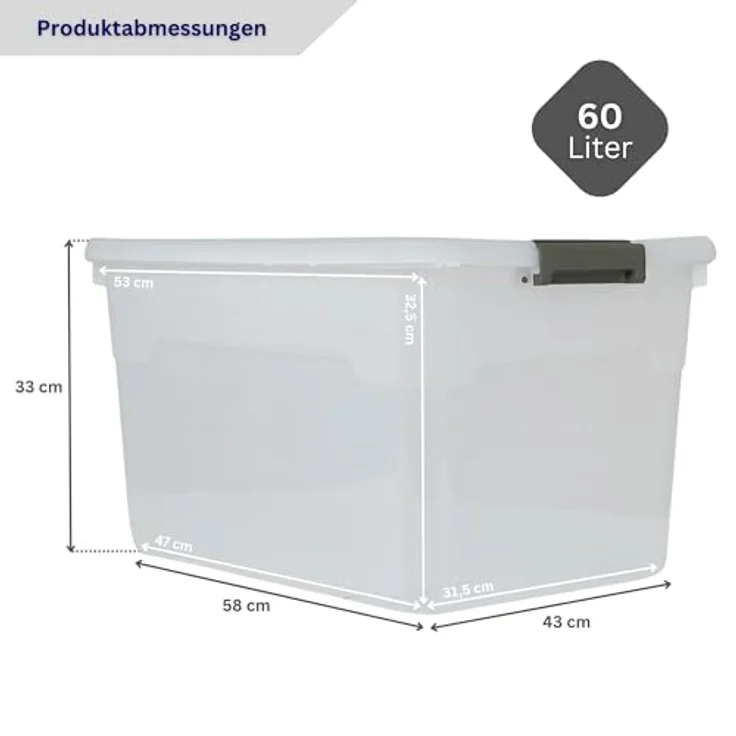 PROREGAL Aufbewahrungsbox mit Deckel 60L, 4er Set, Transparent, stapelbar, mit Rollen, Kunststoffbox mit Verschlussclips für Küche und Haushalt – Bild 3