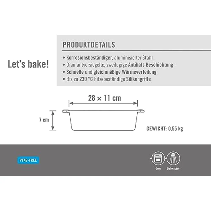 Woll Bakeware Kastenform 28 cm, mit hitzebeständigen Silikongriffen bis 230°C, PFAS-frei, zweilagige Antihaftbeschichtung, aluminisierter Stahl, schwarz – Bild 4