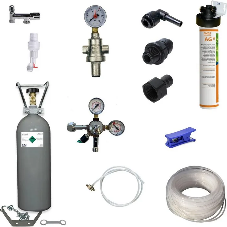 BieTal Wassersprudler Anschlußpaket, 52-tlg. mit Aktivkohle Filter, 2kg CO2 Flasche und Zubehör für Tafelwassergeräte