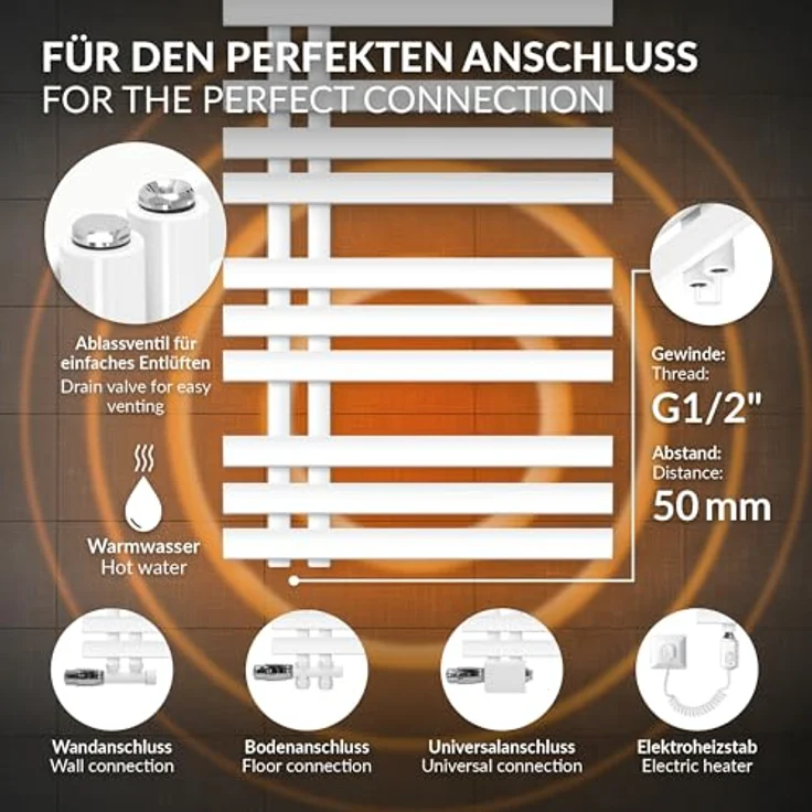 ECD Germany Iron EM Design Badheizkörper - 500 x 1600 mm - Weiß - Paneelheizkörper mit Handtuchwärmer-Funktion und klassischem Design – Bild 4