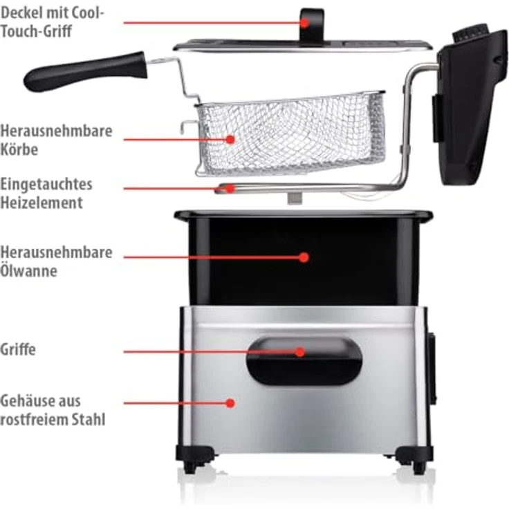 Alpina Friteuse 5L - Doppel Fritteuse mit verstellbarem Thermostat - Deep Fryer 2000 W - Edelstahl, Silber – Bild 4