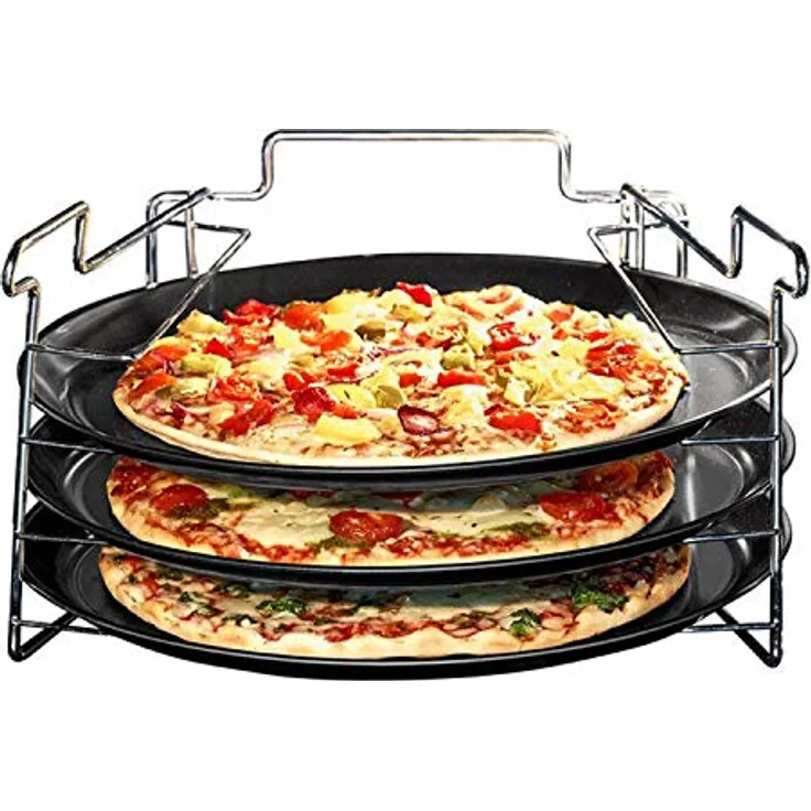 Excellent Housware 4tlg. Pizza Backset Set 3 x Backblech antihaftbeschichtet, gelocht mit Ständer