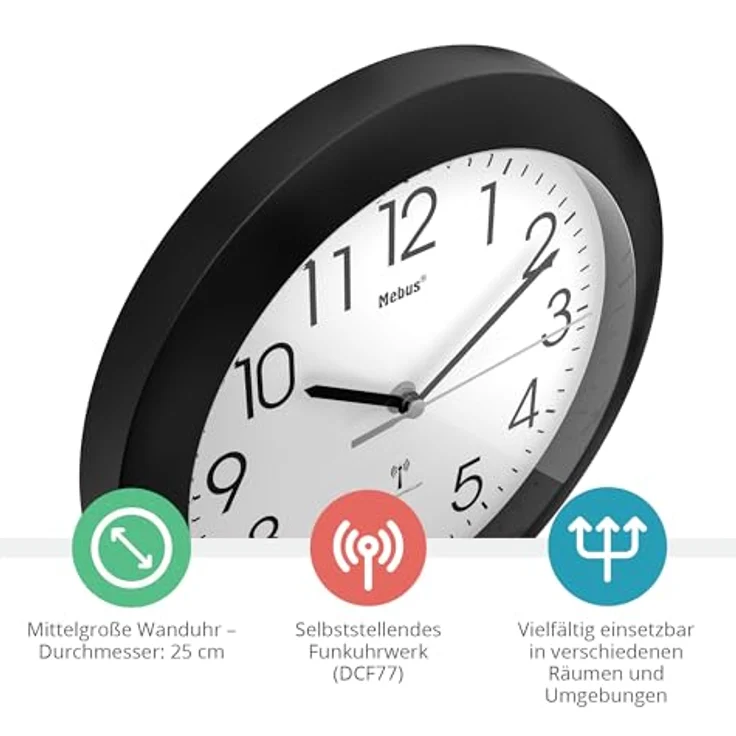 Mebus Schwarz Funk-Wanduhr mit 25 cm Durchmesser, Kunststoff – Bild 2
