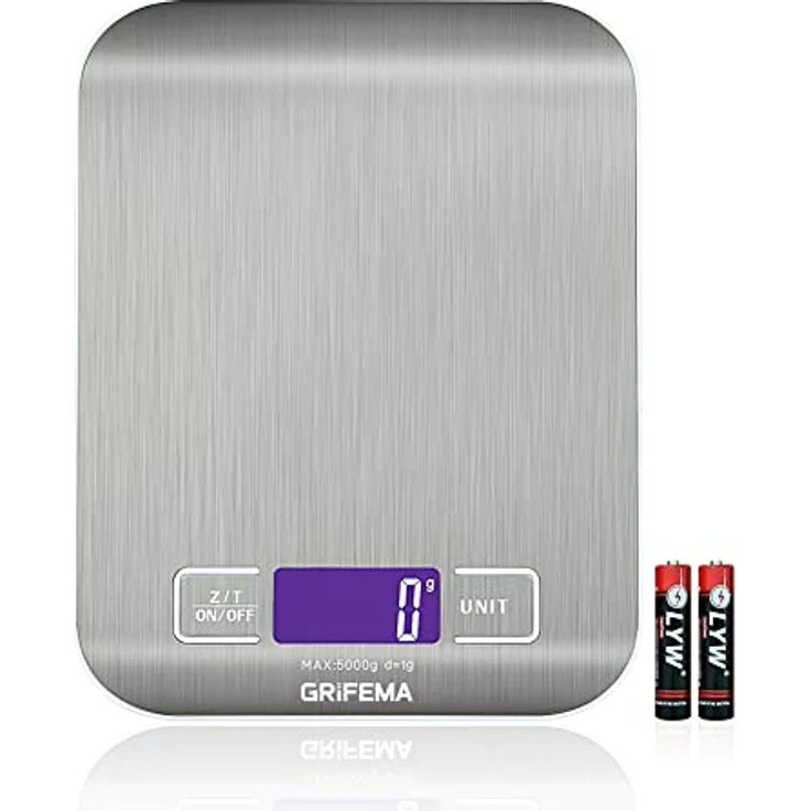 GRIFEMA Profi Digitale Küchenwaage (Hochpräzise 1g-5000g) - Feinwaage mit LCD Display und 2 Batterien, Waage Küchenwaage Abstellautomatik und Tara, Digitalwaage mit 6 Maßeinheit, Briefwaage Edelstahl – Bild 1