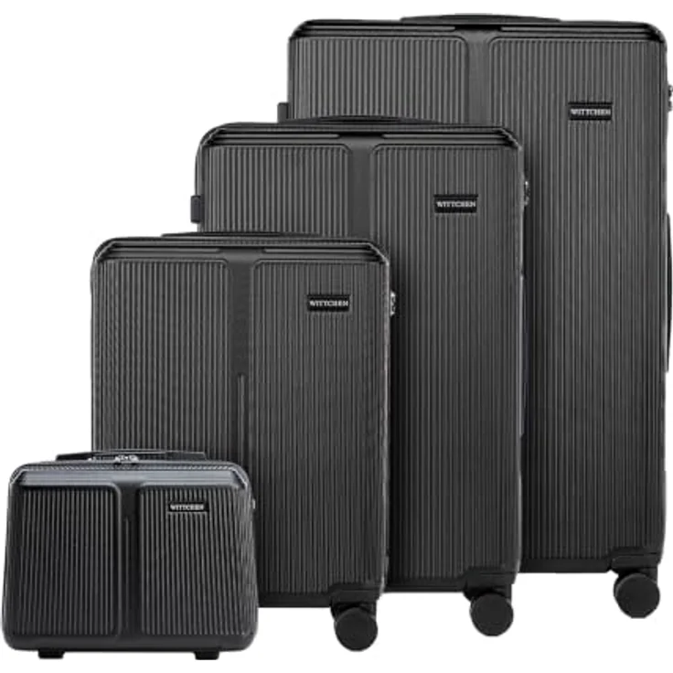 WITTCHEN Stripes Line Kofferset, Hartschalenkoffer mit Kosmetiktasche, ABS, 4 Doppelrollen, Teleskopgriff, Zahlenschloss, Schwarz, Set S+M+L+XL – Bild 1