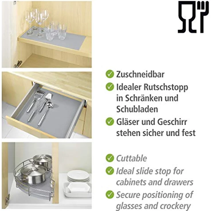 WENKO Antirutschmatte für Schrank und Schublade, Rutschstopp mit Noppen, Lebensmittelecht schützt den Schrank, geräuschdämpfend & zuschneidbar, pflegeleichter Kunststoff, 150 x 50 cm, Grau – Bild 2