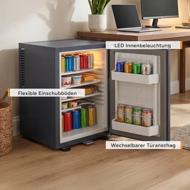 TZS FIRST AUSTRIA FA-5172-AN, Table Top Kühlschrank 40L, lautlos mit LED-Beleuchtung, anthrazit, wechselbarem Türanschlag & Schloss – Bild 4