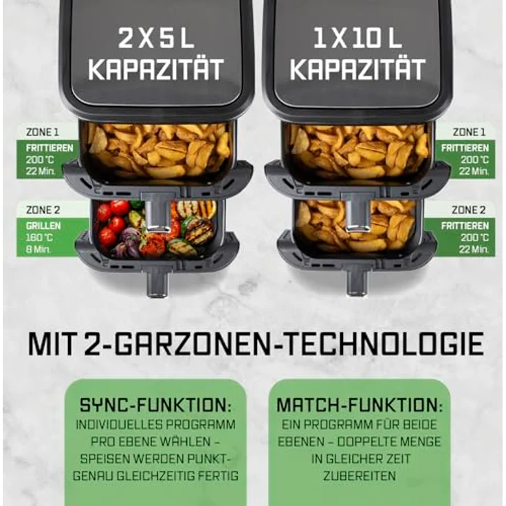 GOURMETmaxx FryUp Vertikale Doppelkammer Heißluftfritteuse | 10L Fassungsvermögen | 2 Kammern | klappbares Touchdisplay | 32% platzsparender – Bild 3
