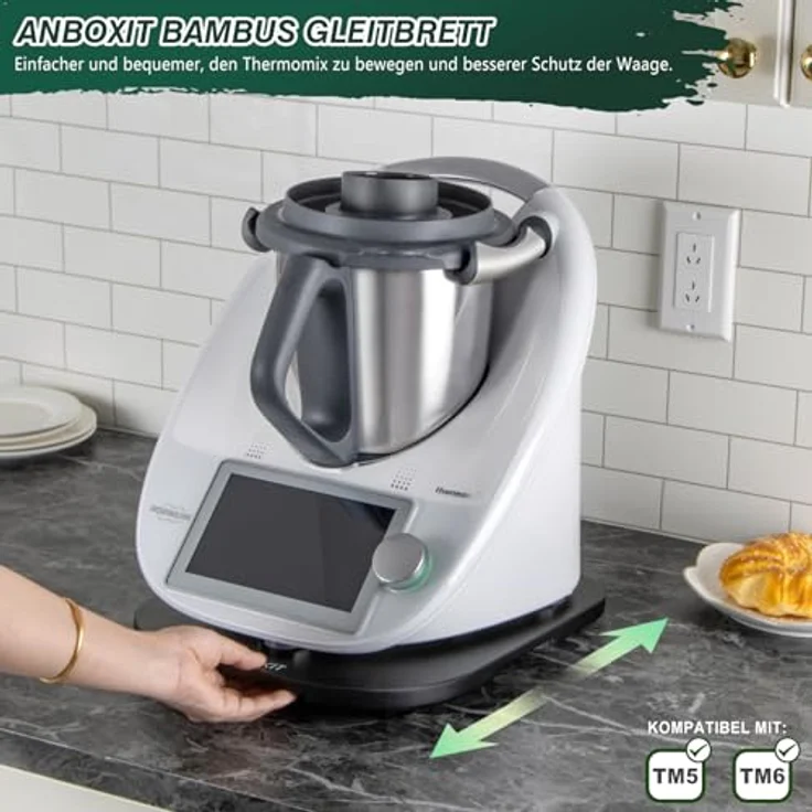 ANBOXIT Gleitbrett für Thermomix TM5/TM6, Bambus Rollbrett mit TPE-Rollen und rutschfesten Füßen - Schwarz – Bild 2