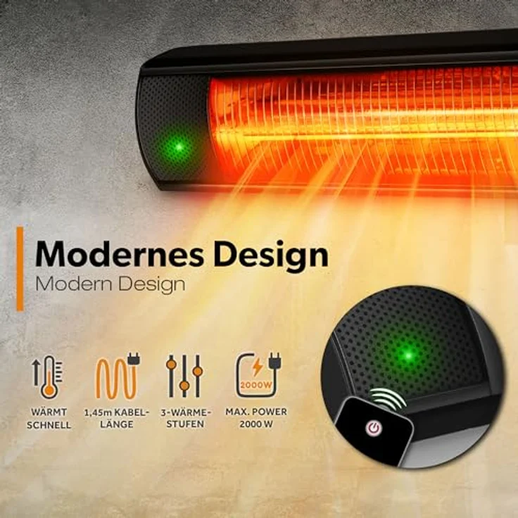 TRESKO Infrarot Heizstrahler 2000W mit Fernbedienung | Terrassenstrahler Innen & Außen, 3 Heizstufen | Wand-Heizstrahler Infrarotstrahler, Edelstahl & Aluminium – Bild 2